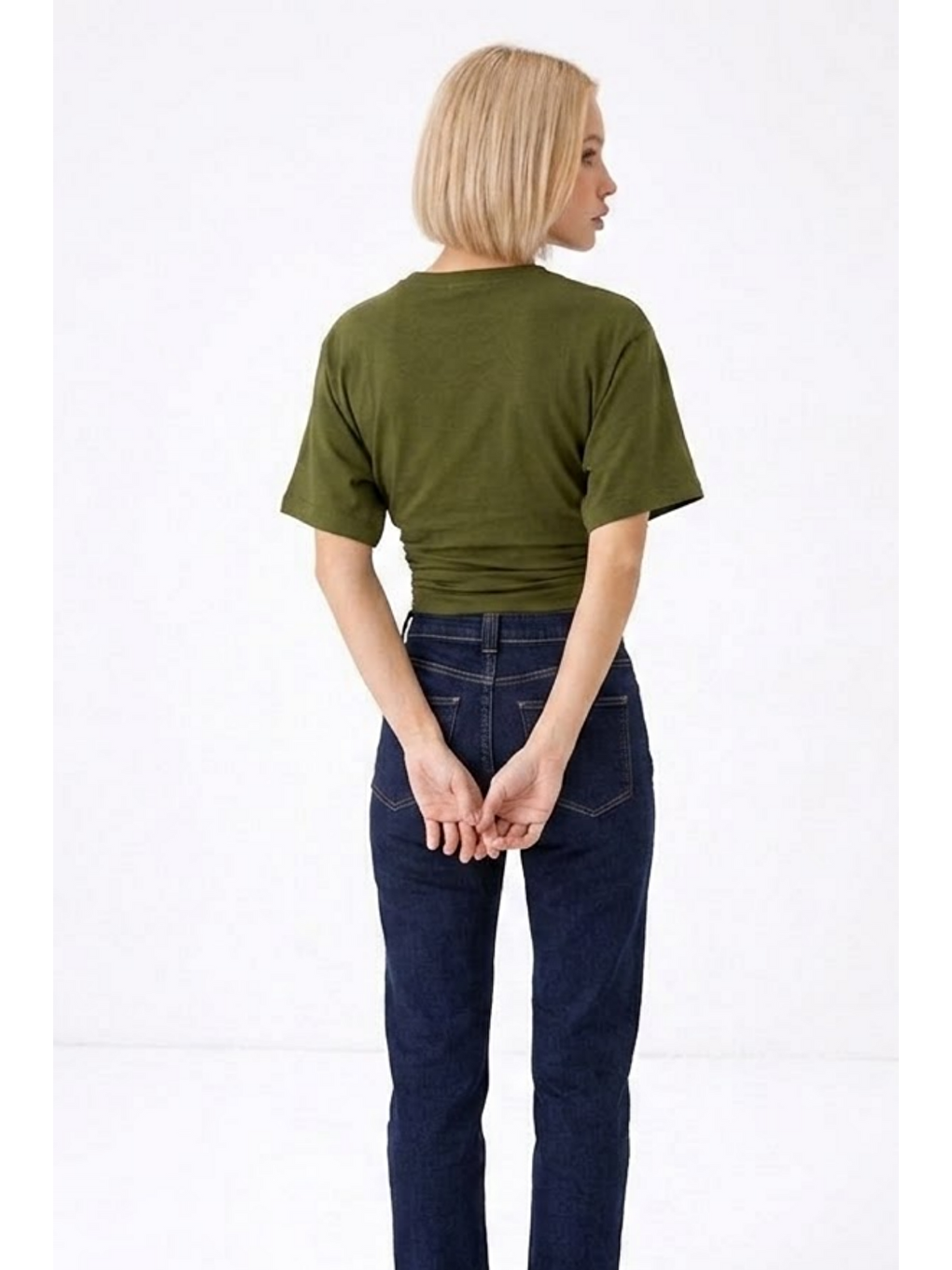 Kadın Fashion Slim Fit Haki Crop Tişört-5