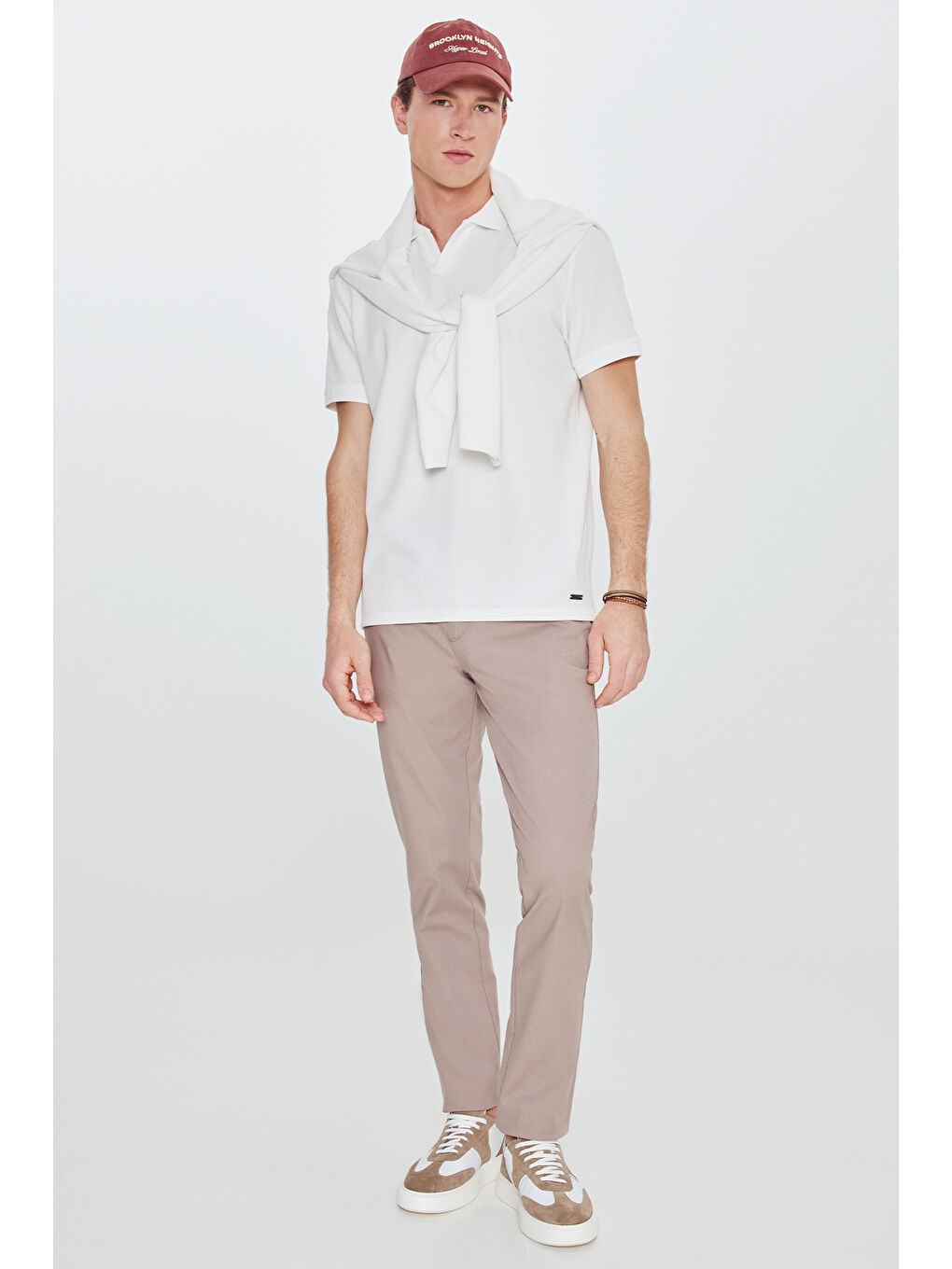 Erkek Bej Pamuklu Slim Fit Dar Kesim Yan Cepli Armürlü Esnek Casual Pantolon