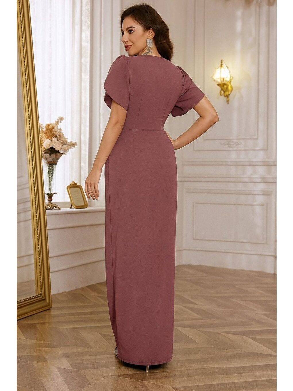 Pembe Kadın Kısa Kollu Kruvaze Yakalı Belden çiçek Aksesuarlı Yırtmaçlı Ithal Krep Elbise-3