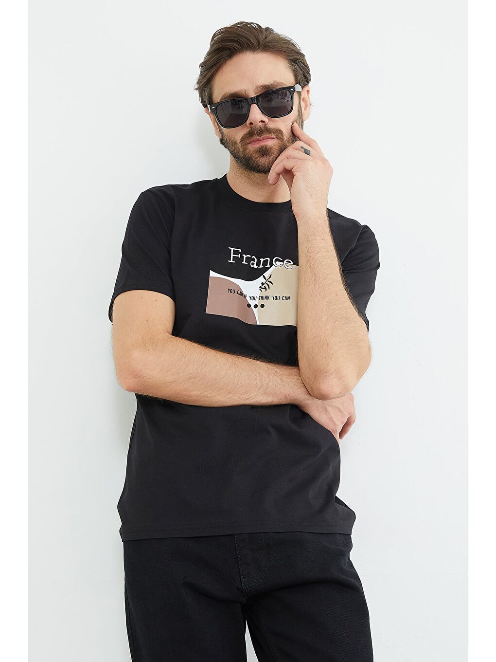 Siyah France Yazı Baskılı Tişört