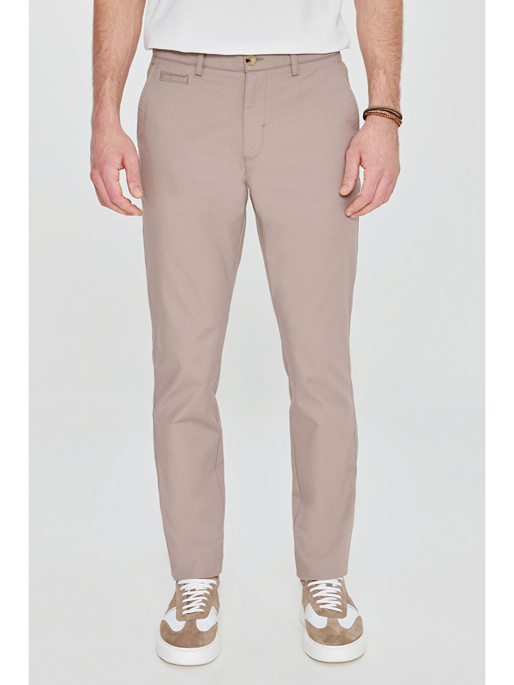 Erkek Bej Pamuklu Slim Fit Dar Kesim Yan Cepli Armürlü Esnek Casual Pantolon-1