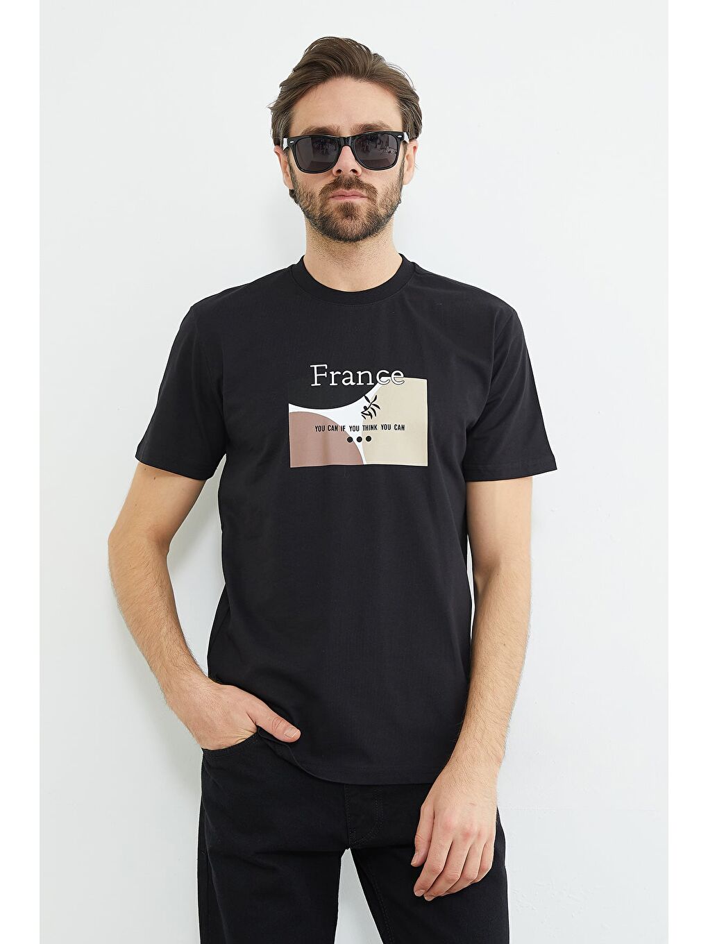 Siyah France Yazı Baskılı Tişört-1