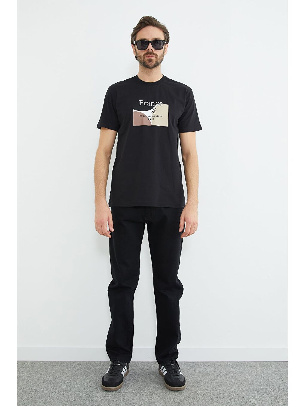 Siyah France Yazı Baskılı Tişört-2