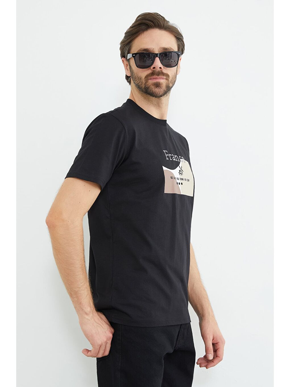 Siyah France Yazı Baskılı Tişört-3