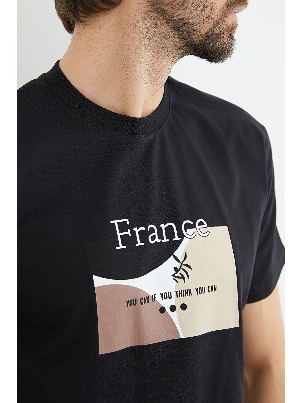 Siyah France Yazı Baskılı Tişört-4
