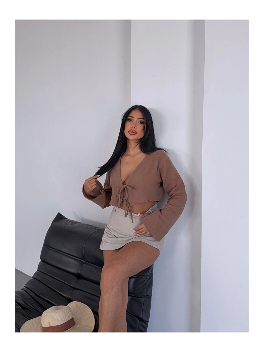 Sarı Kadın Camel Önden Bağlamalı Müslin Kumaş Crop Bluz HZL25S-DSB104071-1