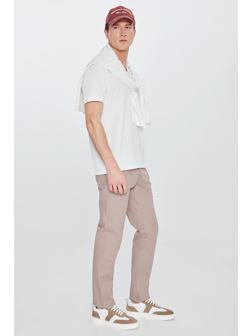 Erkek Bej Pamuklu Slim Fit Dar Kesim Yan Cepli Armürlü Esnek Casual Pantolon-2