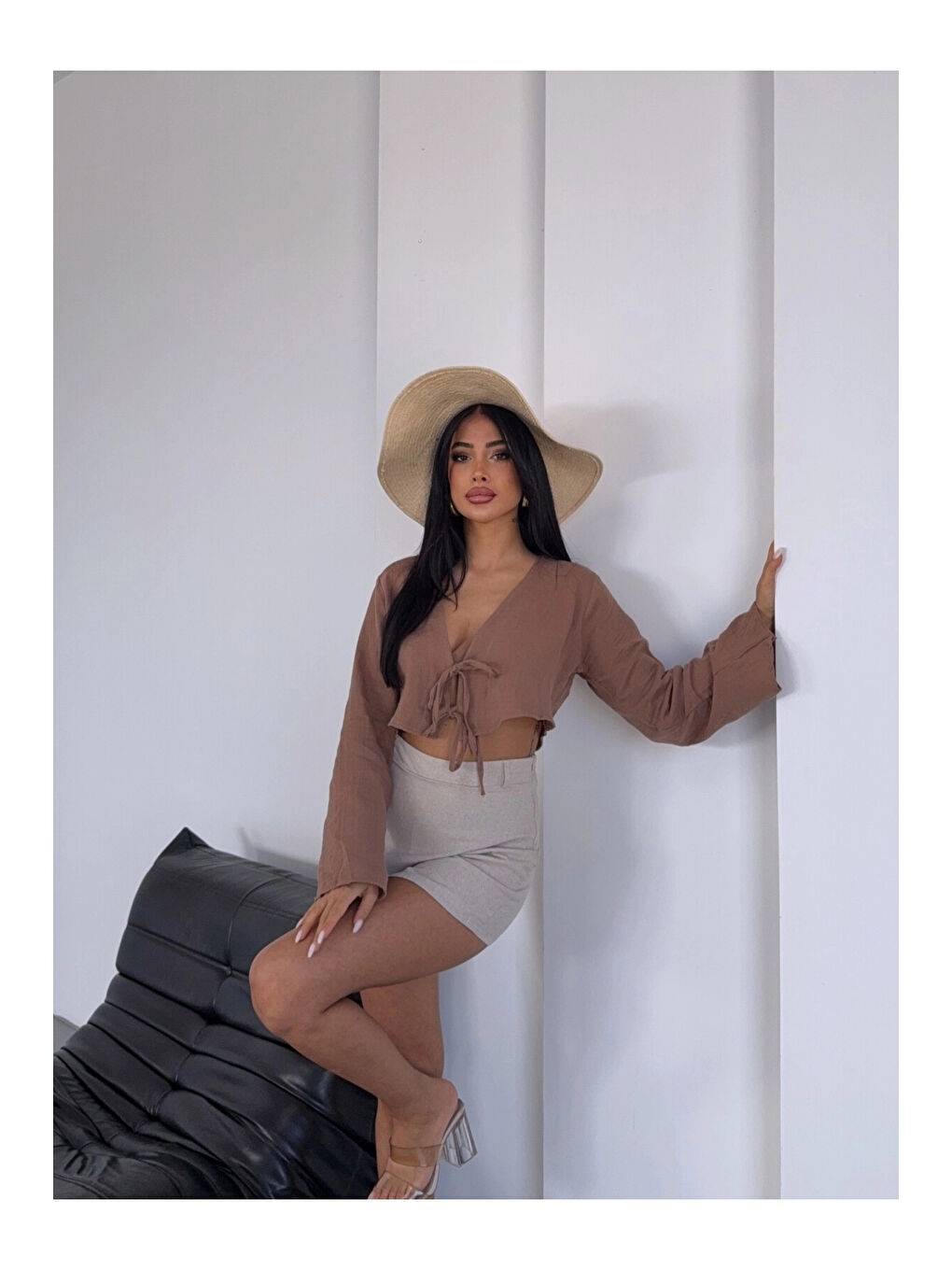 Sarı Kadın Camel Önden Bağlamalı Müslin Kumaş Crop Bluz HZL25S-DSB104071-2