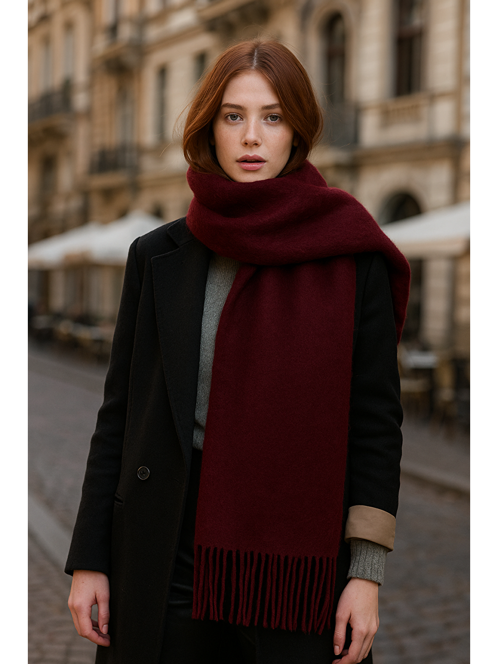 Kadın Basic Bordo Püsküllü Buklet Atkı - Şal 45x200 Cm Sal1285-1