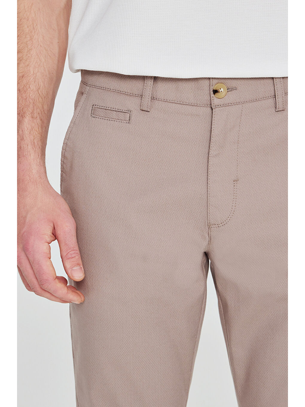 Erkek Bej Pamuklu Slim Fit Dar Kesim Yan Cepli Armürlü Esnek Casual Pantolon-3