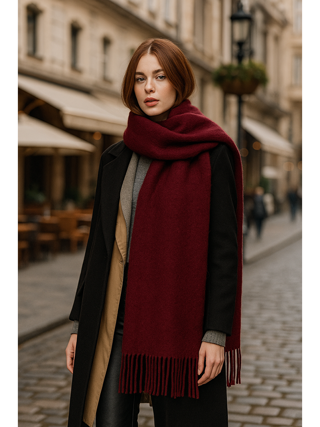 Kadın Basic Bordo Püsküllü Buklet Atkı - Şal 45x200 Cm Sal1285-2