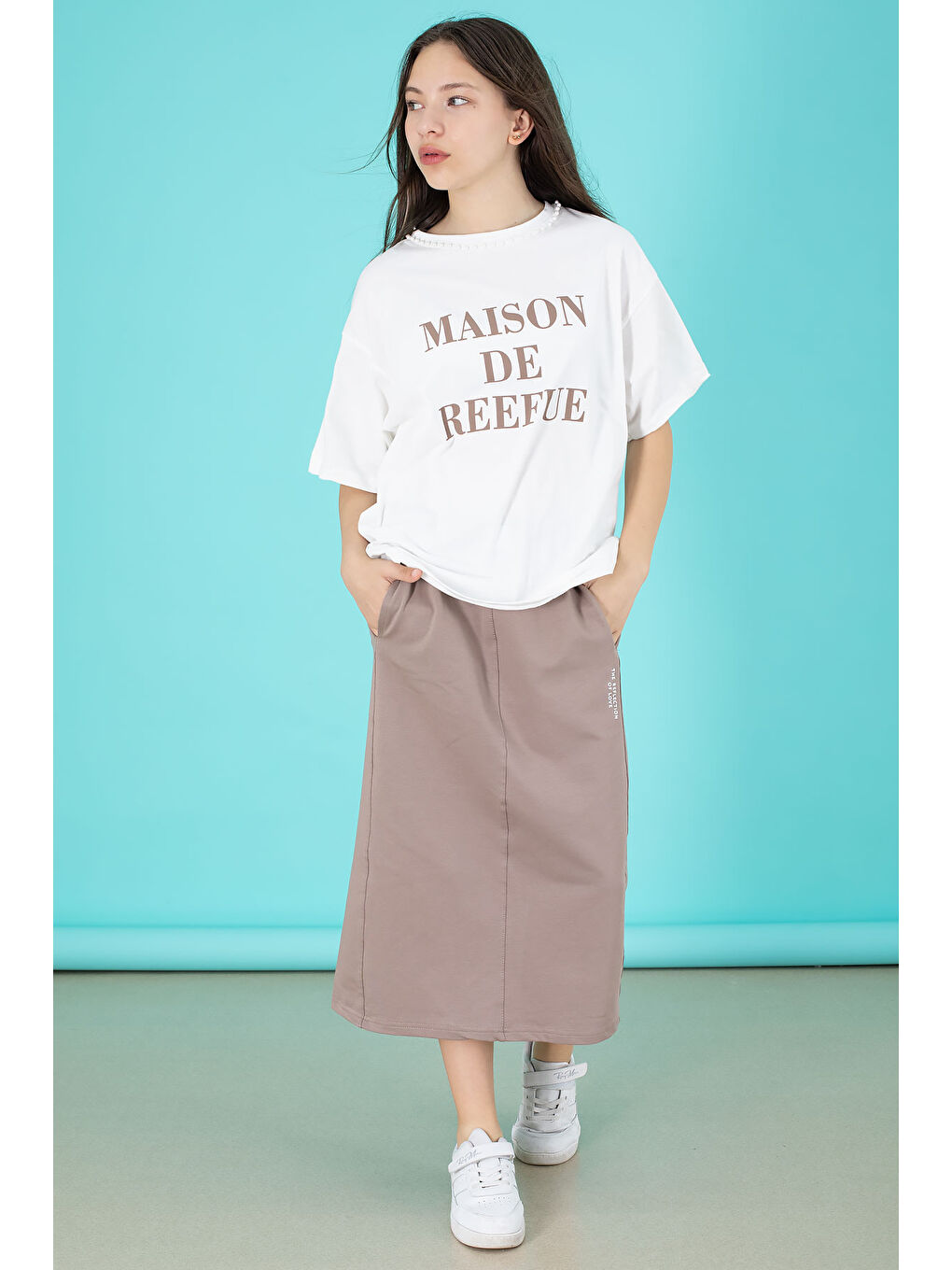 Kahverengi Kalem Etekli Baskılı Tişörtlü Kız Çocuk 2li Alt Üst Takım 20563