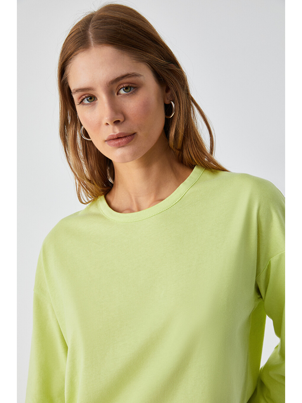 Yeşil BASIL Kadını Oversize %100 Organik Pamuk Örme Uzun Kol YEŞİL T-Shirt-4