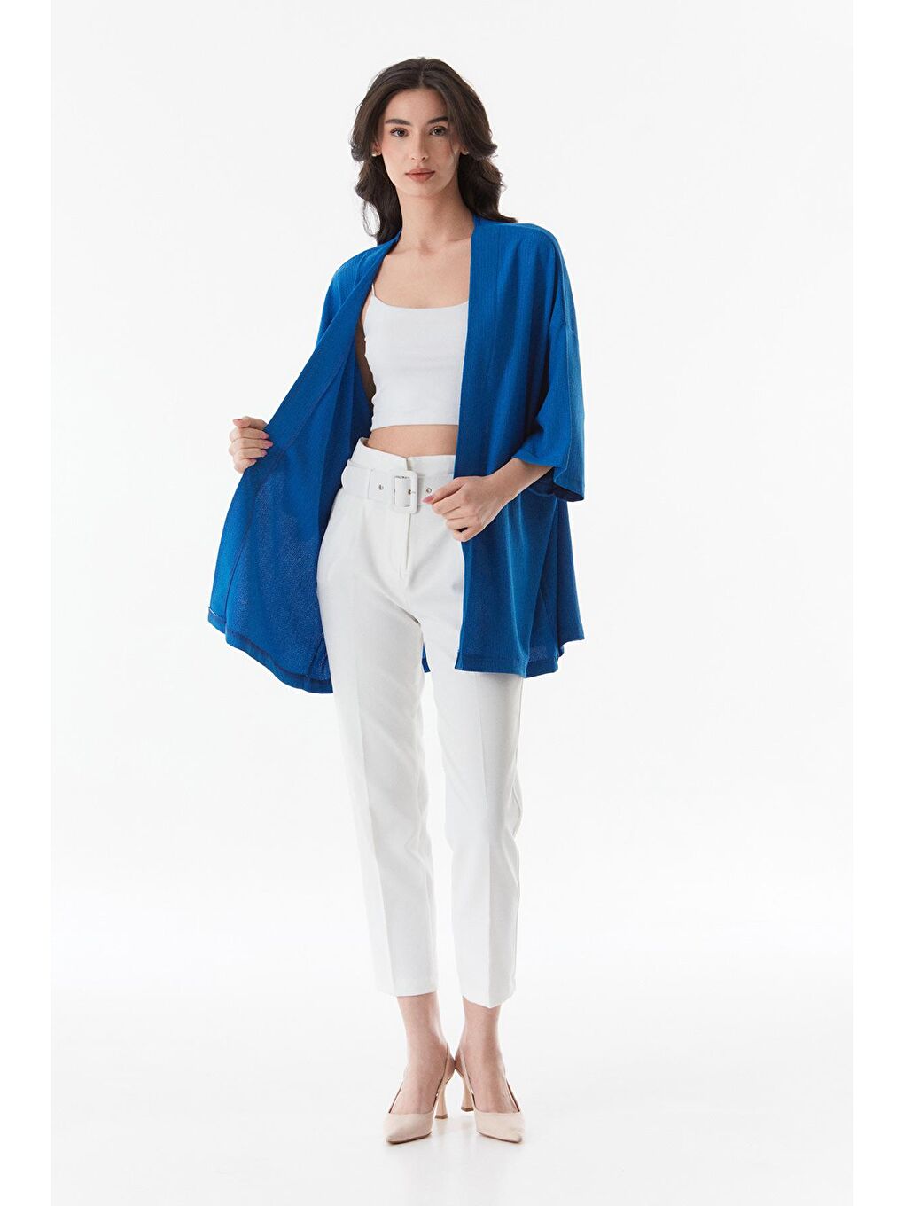 Mavi Basic Bürümcük Kumaş Şal Yaka Kimono-1