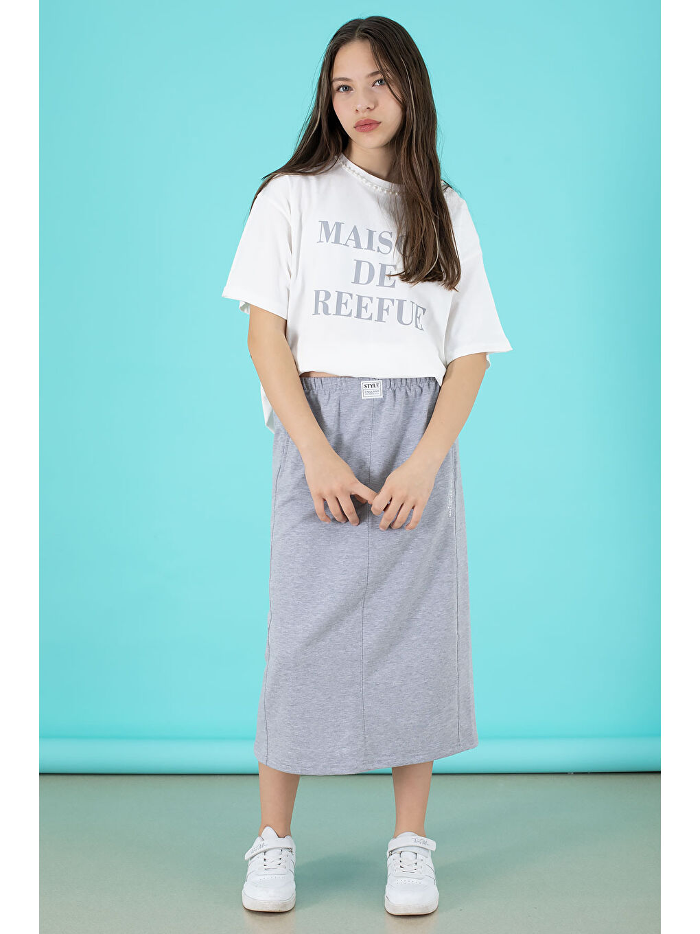 Gri Kalem Etekli Yazı Baskılı Tişörtlü Kız Çocuk 2lü Alt Üst Takım 20562