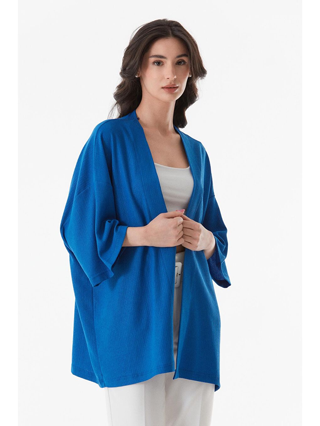Mavi Basic Bürümcük Kumaş Şal Yaka Kimono-2