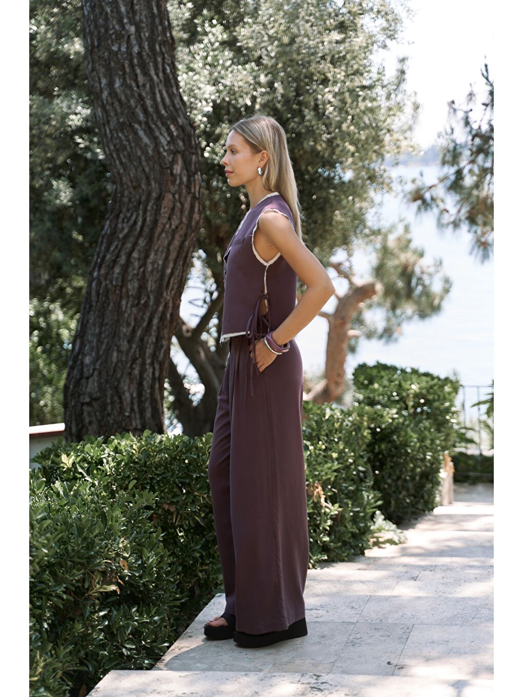 Shonas Bağcık Detay Bordo Yelek Pantolon Takım-2