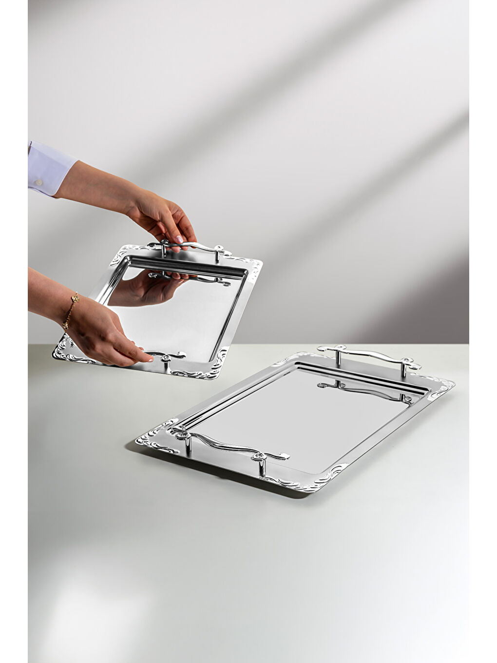 Gri Lalezar Saten 2'li Çelik Tepsi Seti-1