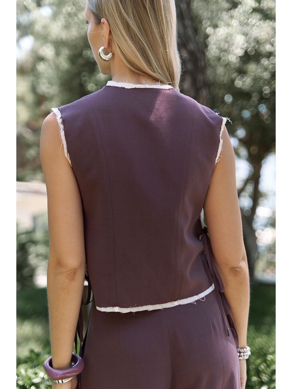 Shonas Bağcık Detay Bordo Yelek Pantolon Takım-5