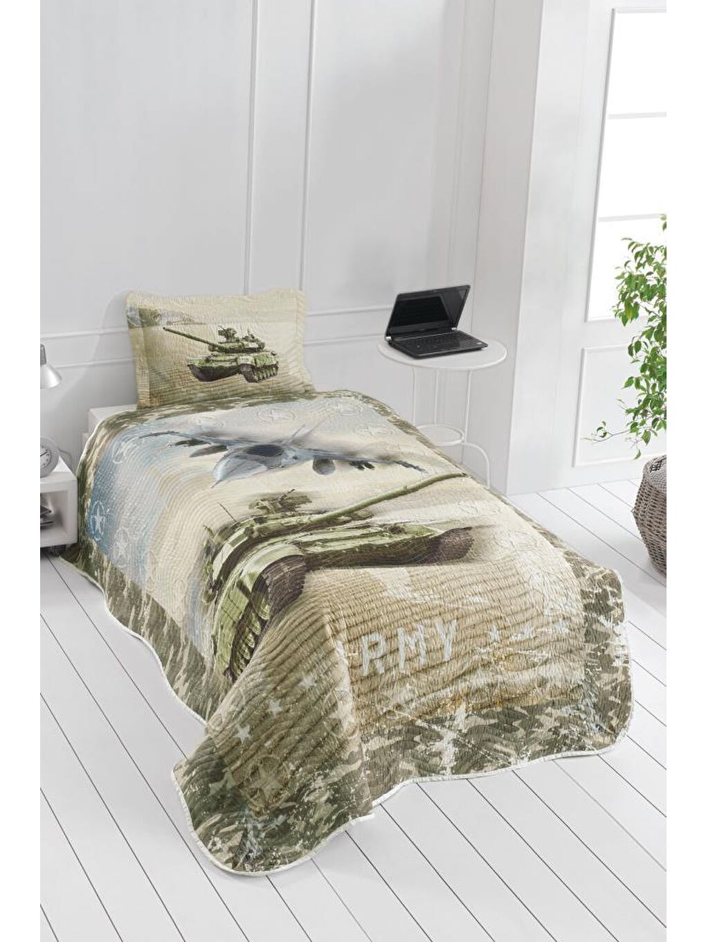 Army Genç ve Çocuk Baskılı Tek Kişilik Yatak Örtüsü Yeşil-1