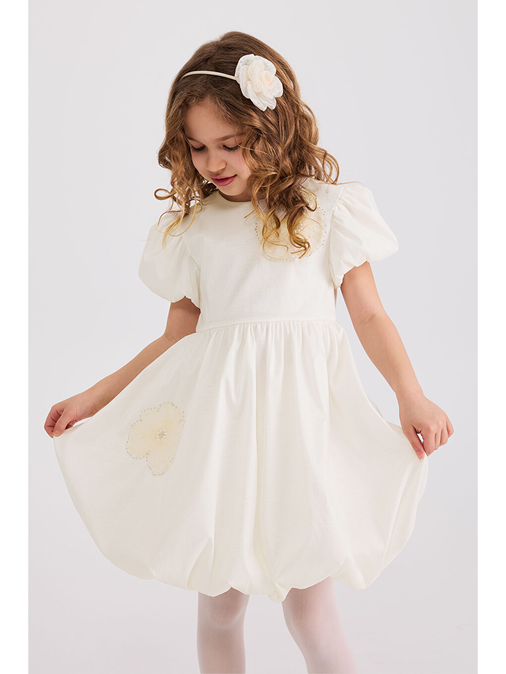 Kız Çocuk Aksesuar Detaylı Ekru Elbise