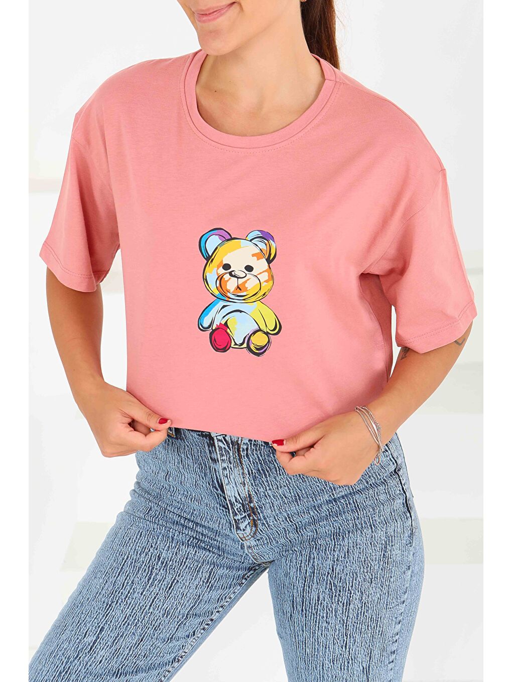 Pembe Baskılı Kısa Kollu T-Şhirt Gül - 27545-1