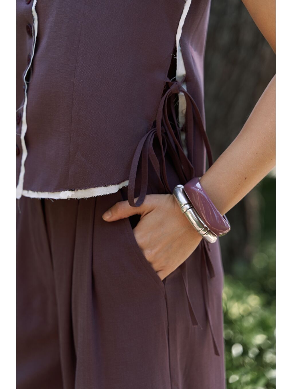 Shonas Bağcık Detay Bordo Yelek Pantolon Takım-7