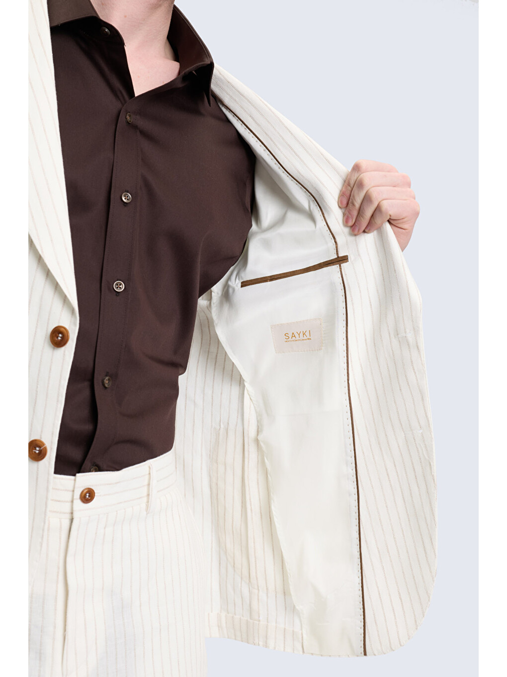 Ekru Comfort Fit Çizgili Mono Yaka Keten Takım Elbise-2