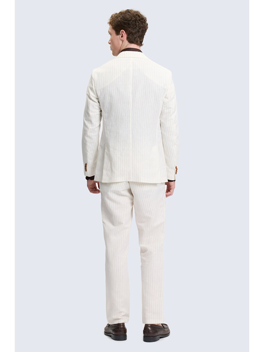 Ekru Comfort Fit Çizgili Mono Yaka Keten Takım Elbise-4