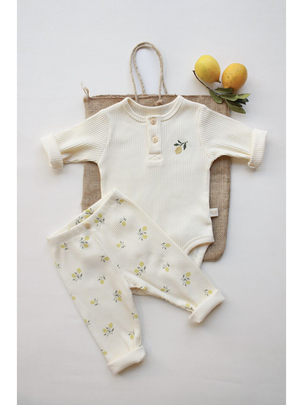 Ekru Limon Nakışlı Mona Serisi Uzun Kollu Body Tayt Set-1