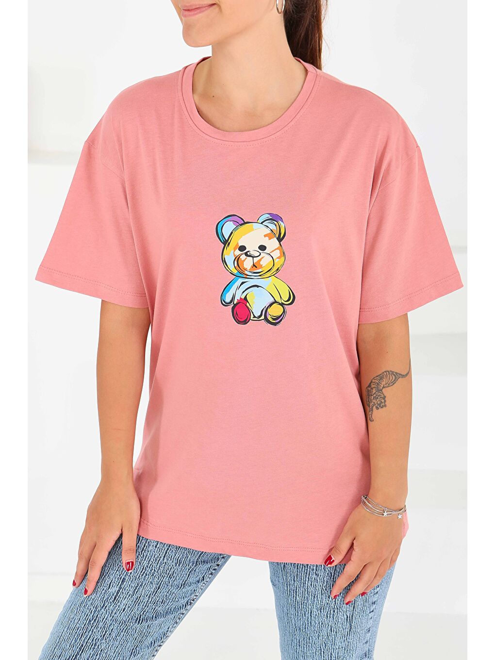 Pembe Baskılı Kısa Kollu T-Şhirt Gül - 27545-2