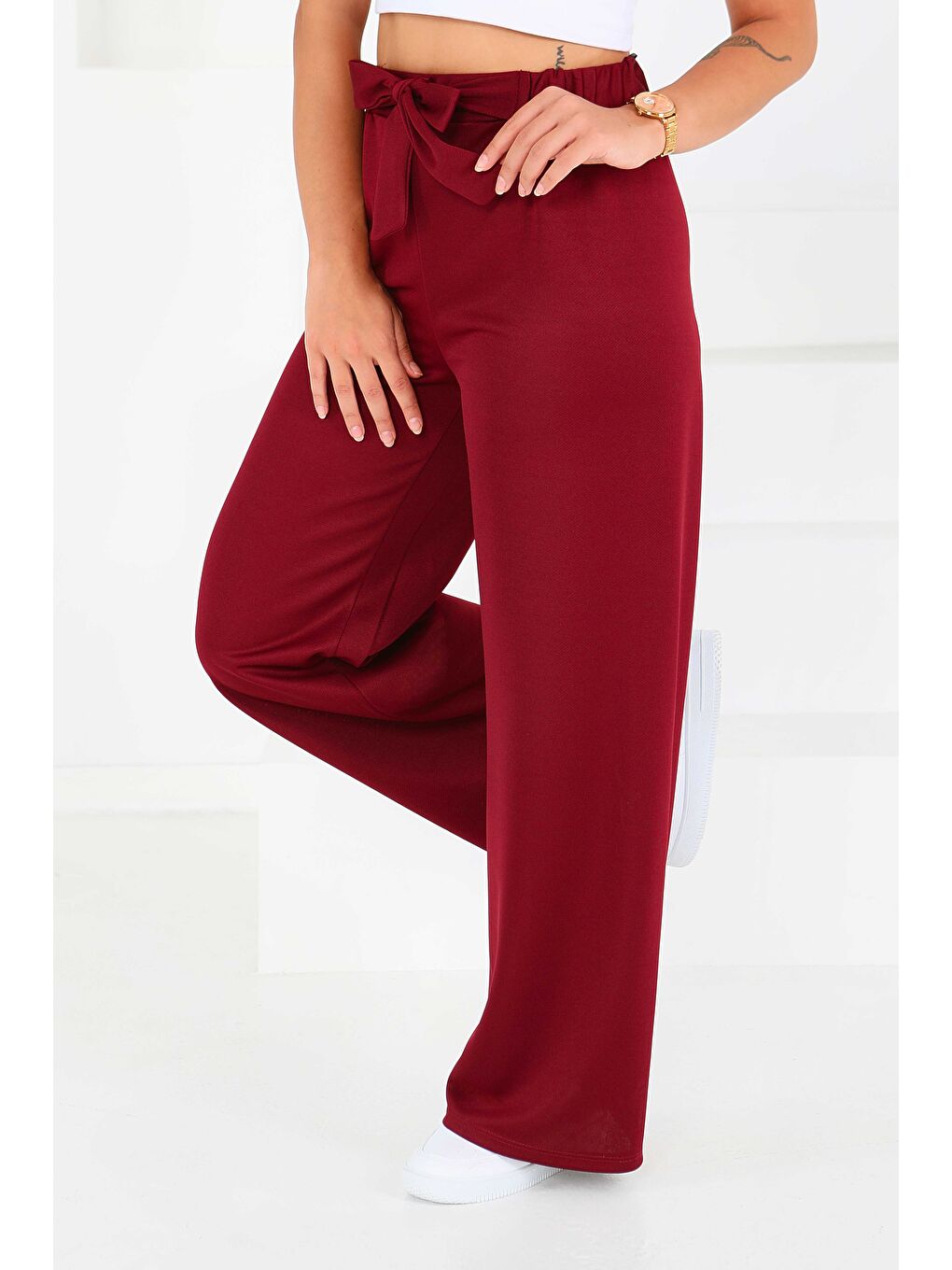 Önden Bağlamalı Pantolon Bordo - 27553-1