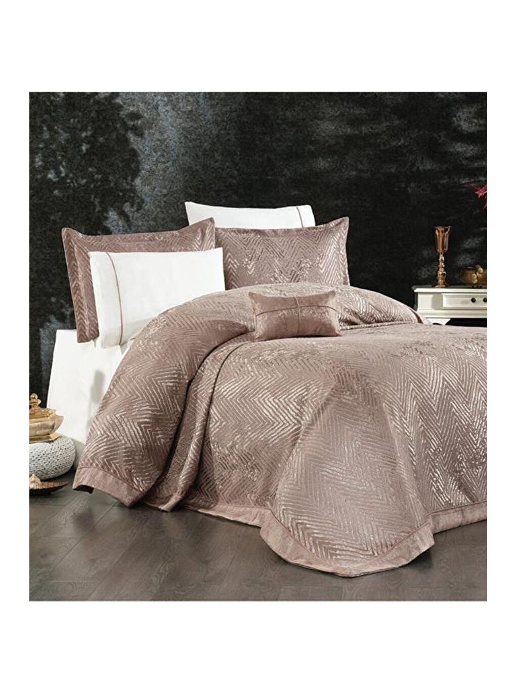 Bej Asu 7 Parça İpek Kadife Şönil Pike Takımı Vizon-1