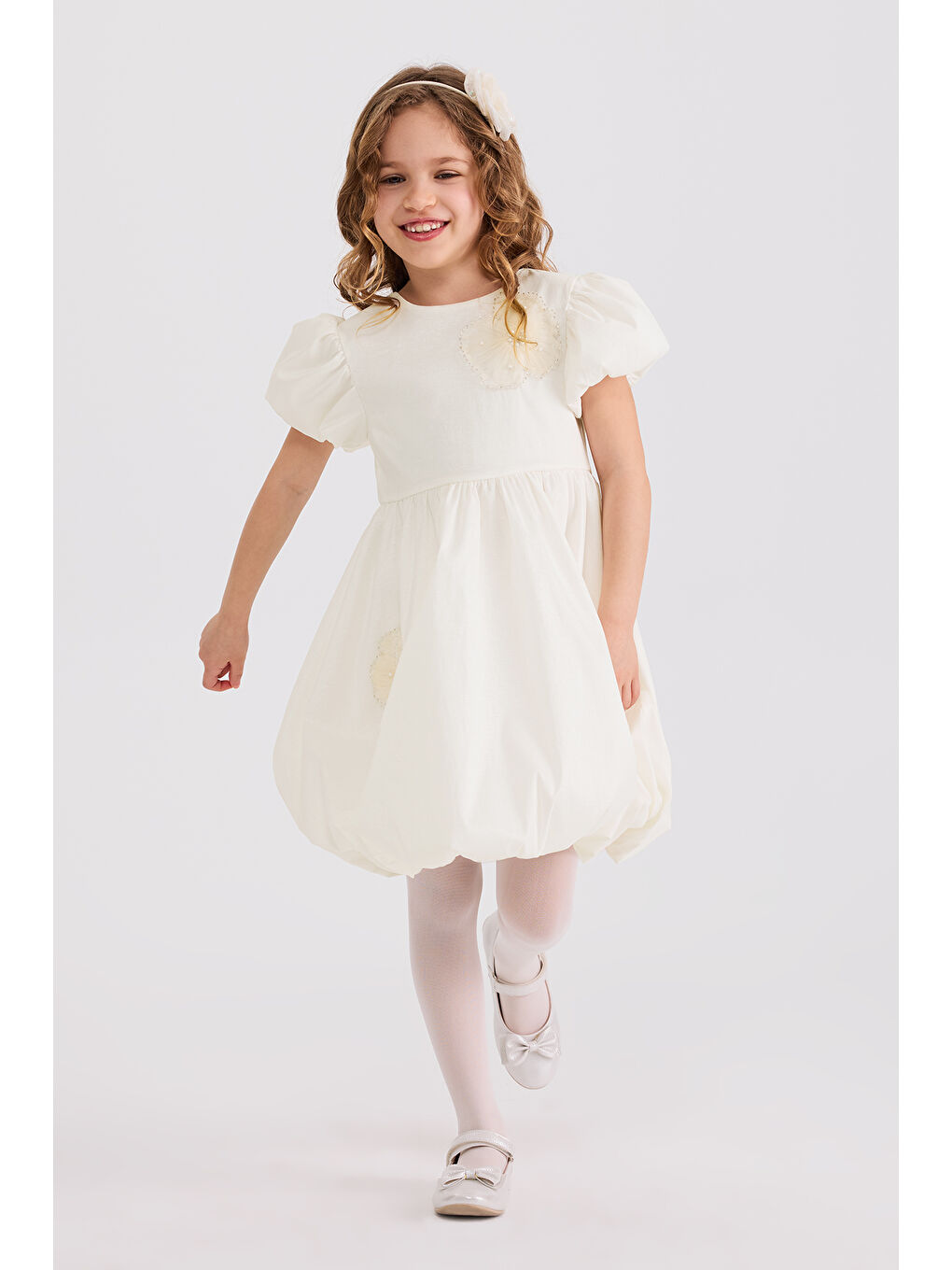 Kız Çocuk Aksesuar Detaylı Ekru Elbise-5