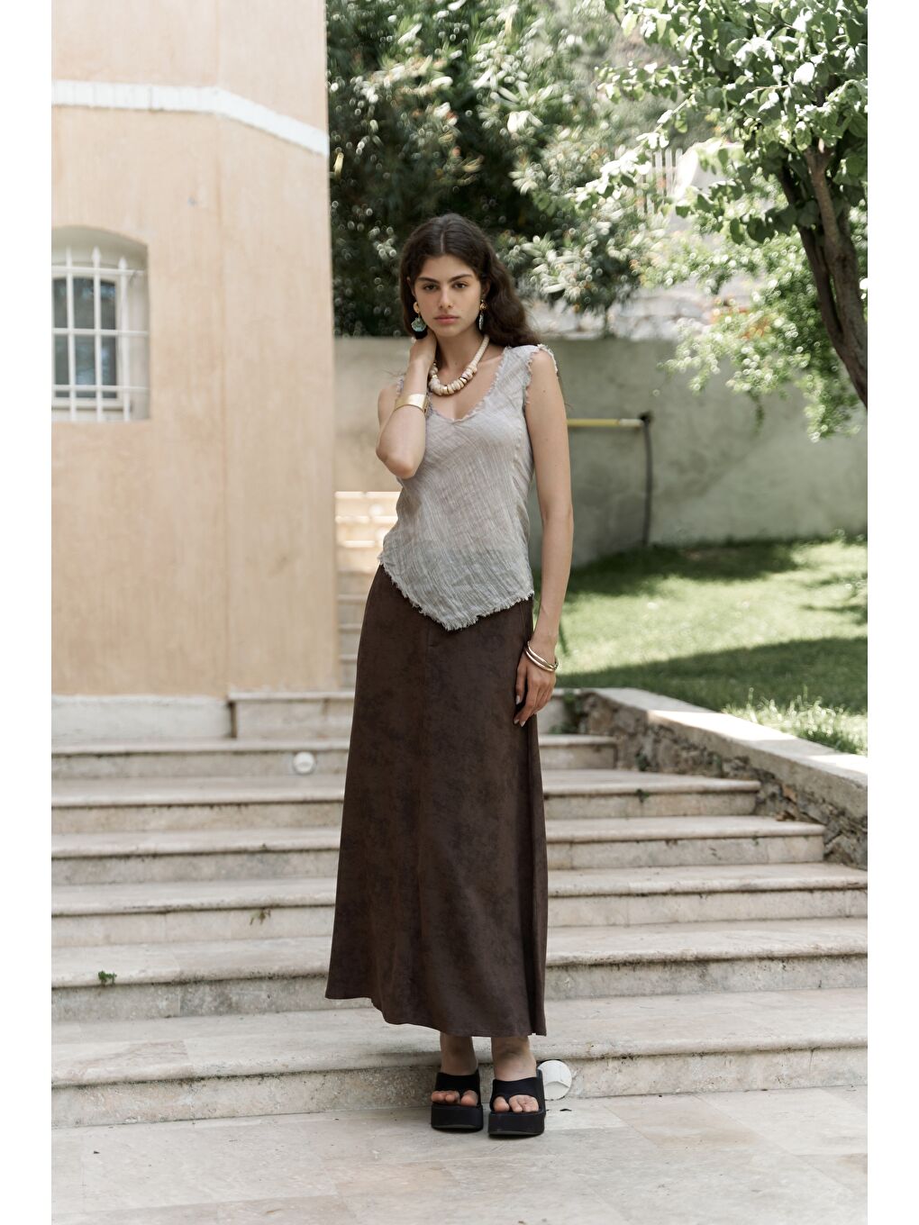 Kahverengi Garias Cepli Uzun Batik Desenli Kahve Etek