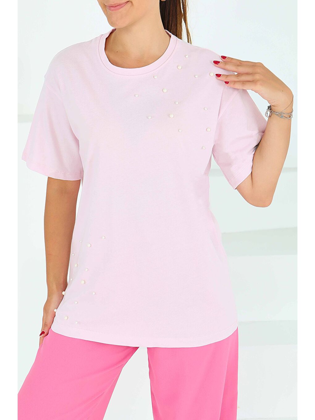 İncili Kısa Kollu T-Şhirt Pembe - 27543-1