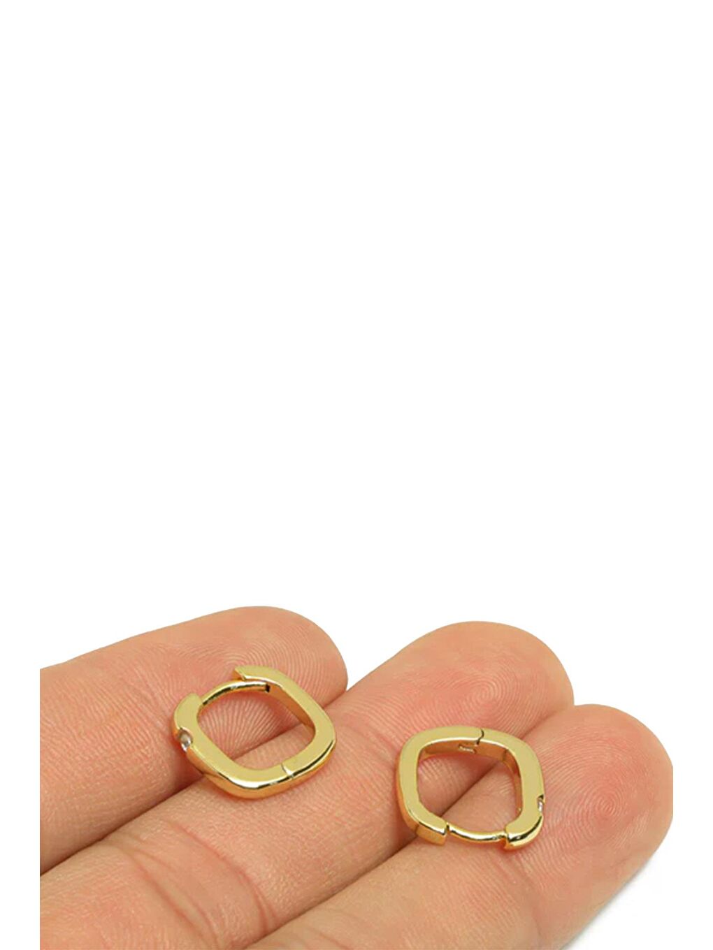 Sarı 18K Altın Kaplama Mini Zarif Tektaş Kare Halka Küpe-2