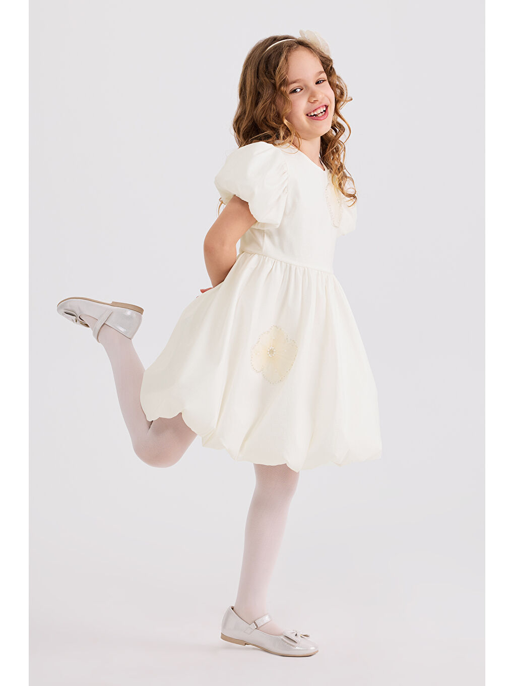 Kız Çocuk Aksesuar Detaylı Ekru Elbise-7