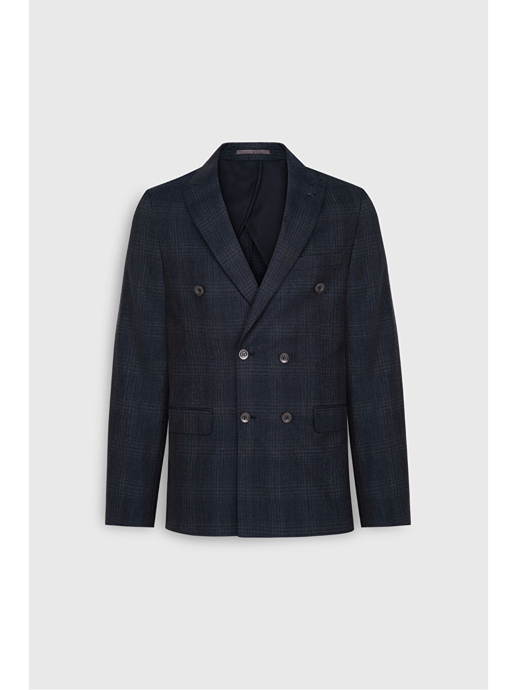 Erkek Lacivert %100 Yün Slim Fit Dar Kesim Kırlangıç Yaka Kareli Kruvaze Takım Elbise-8