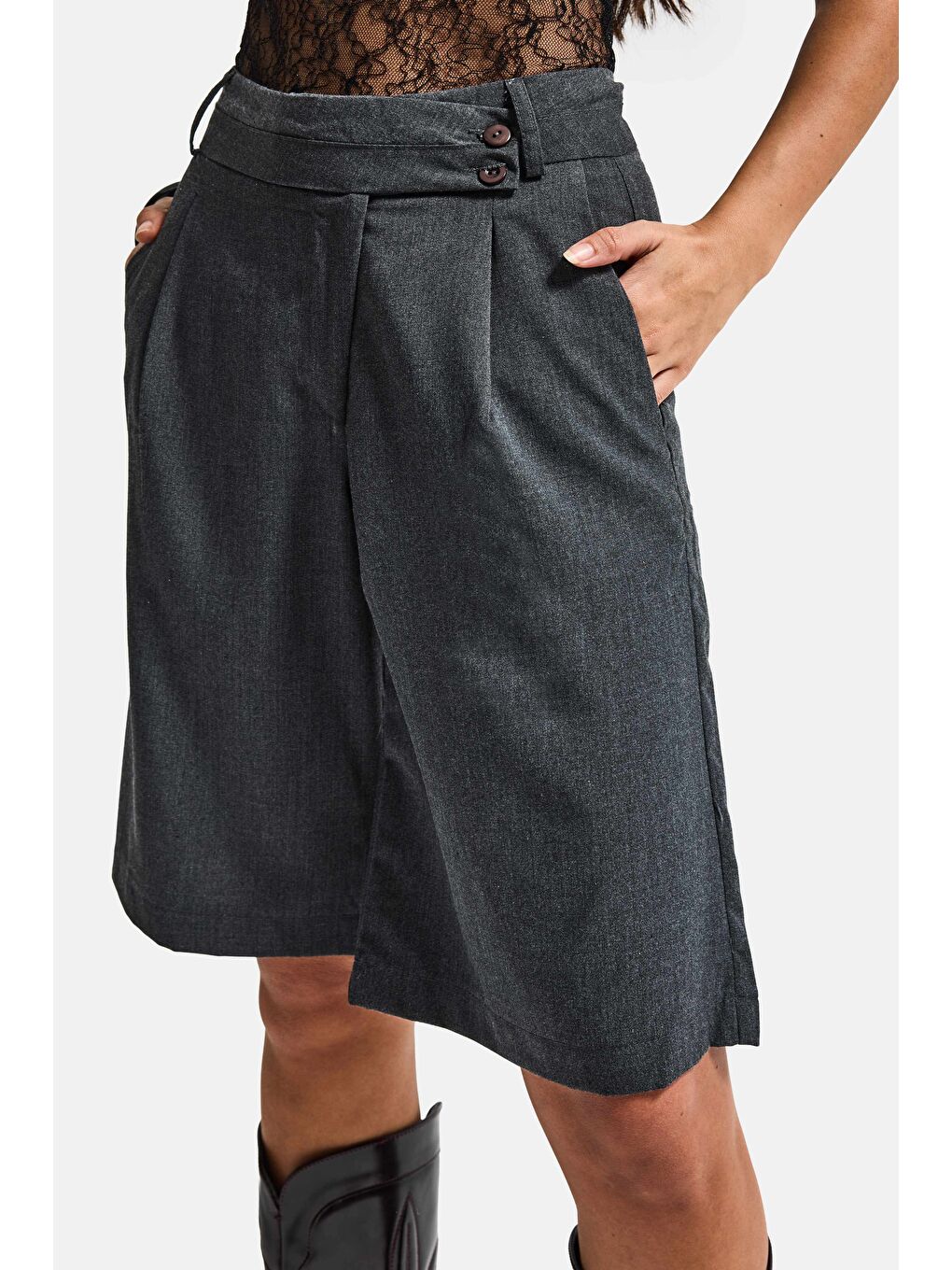 Kadın Antrasit s6 Baggy Fit Maxi Boy Bermuda Şort