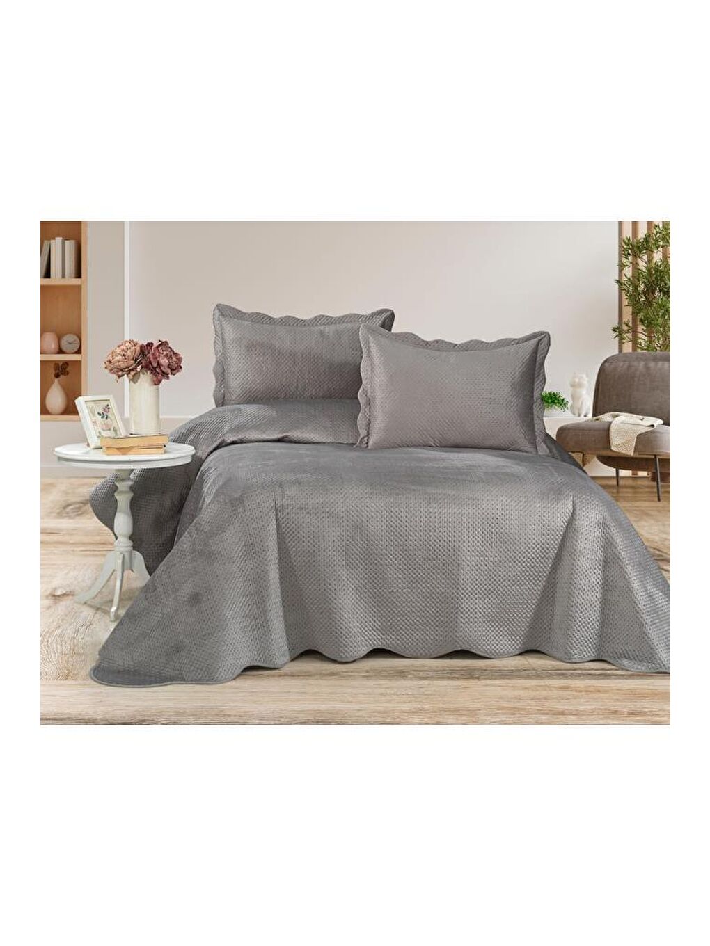 Askana Çift Kişilik Lüks Kadife Yatak Örtüsü Gri-1