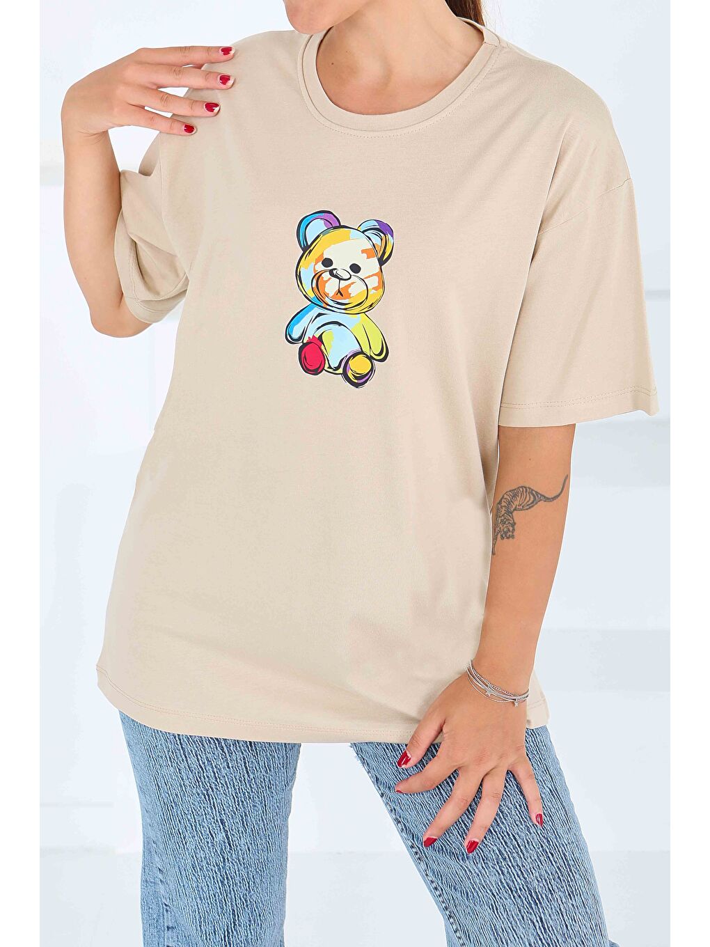 Baskılı Kısa Kollu T-Şhirt Bej - 27545