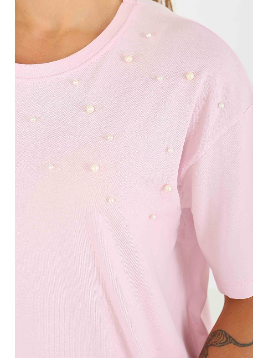 İncili Kısa Kollu T-Şhirt Pembe - 27543-2