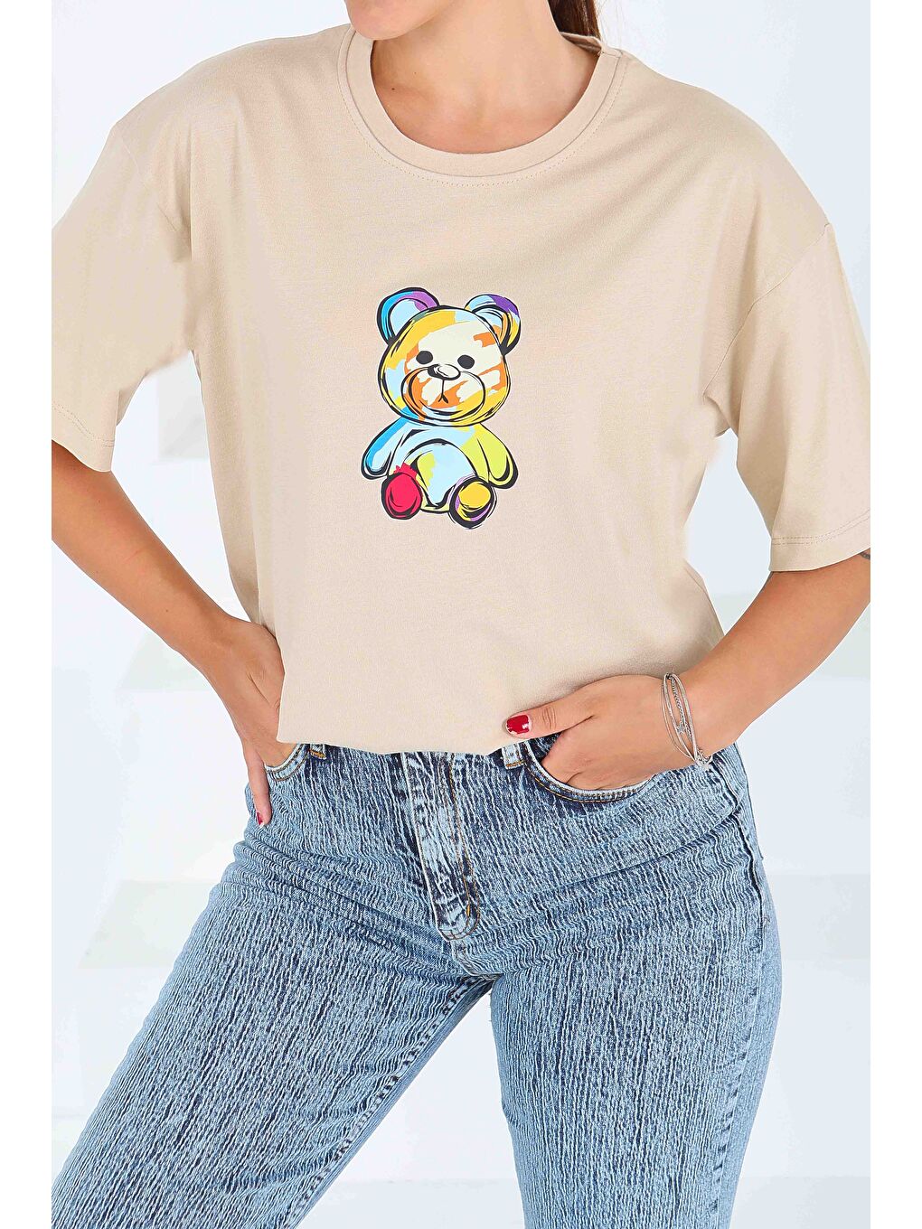 Baskılı Kısa Kollu T-Şhirt Bej - 27545-1