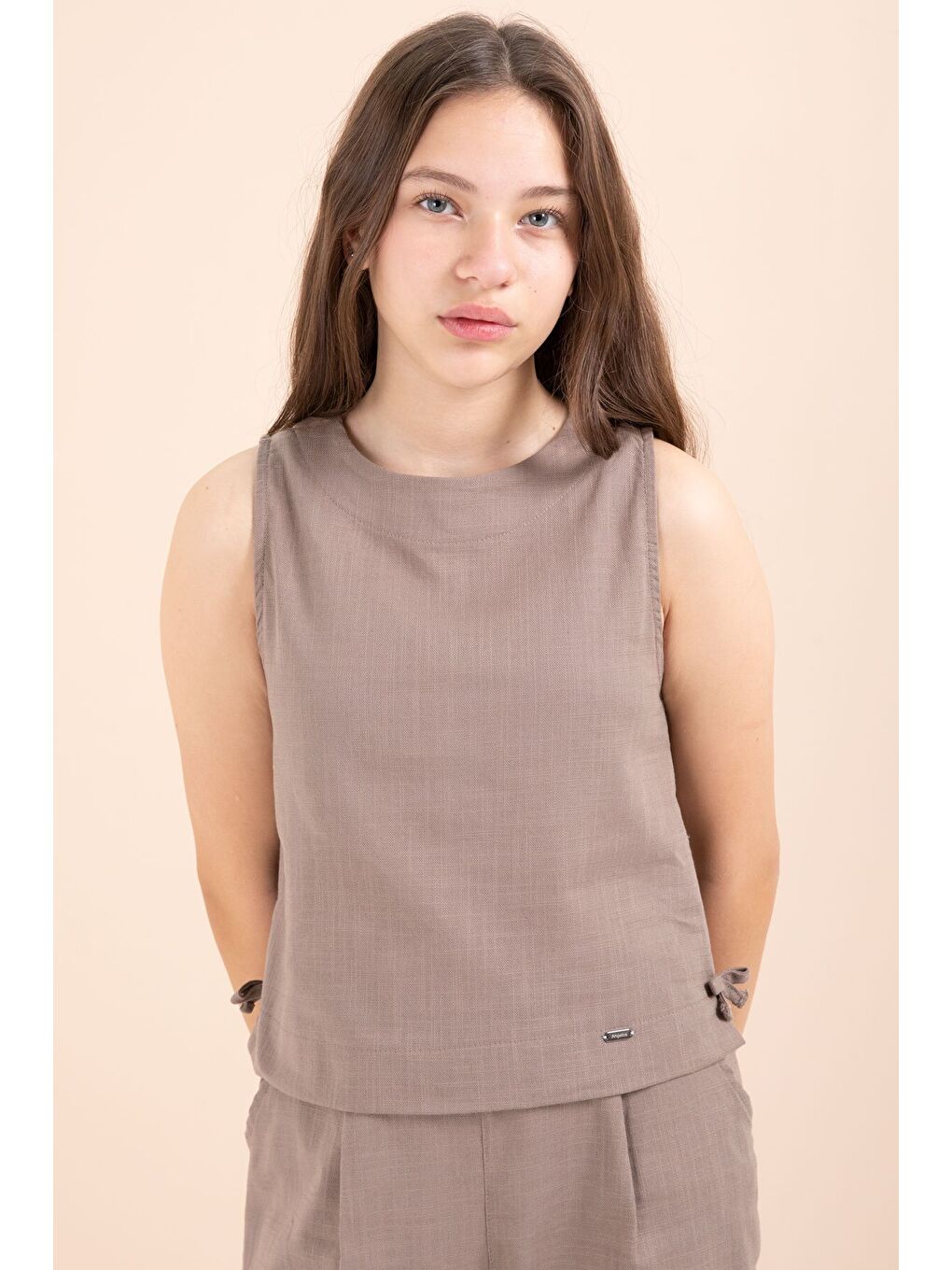 Kahverengi Geniş Paça Pantolonlu Kız Çocuk Keten Croplu Takım 23449-3