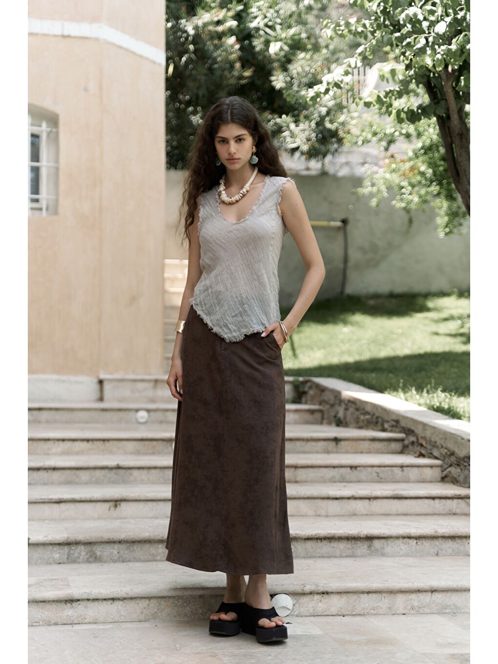 Kahverengi Garias Cepli Uzun Batik Desenli Kahve Etek-1