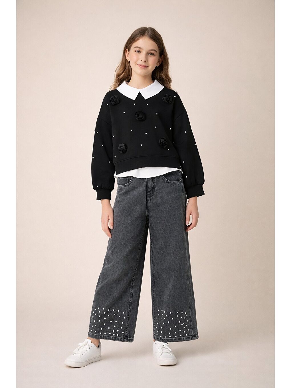 Siyah İnci İşlemeli Badili ve Jean Pantolonlu Kız Çocuk Gömlekli Takım 23599