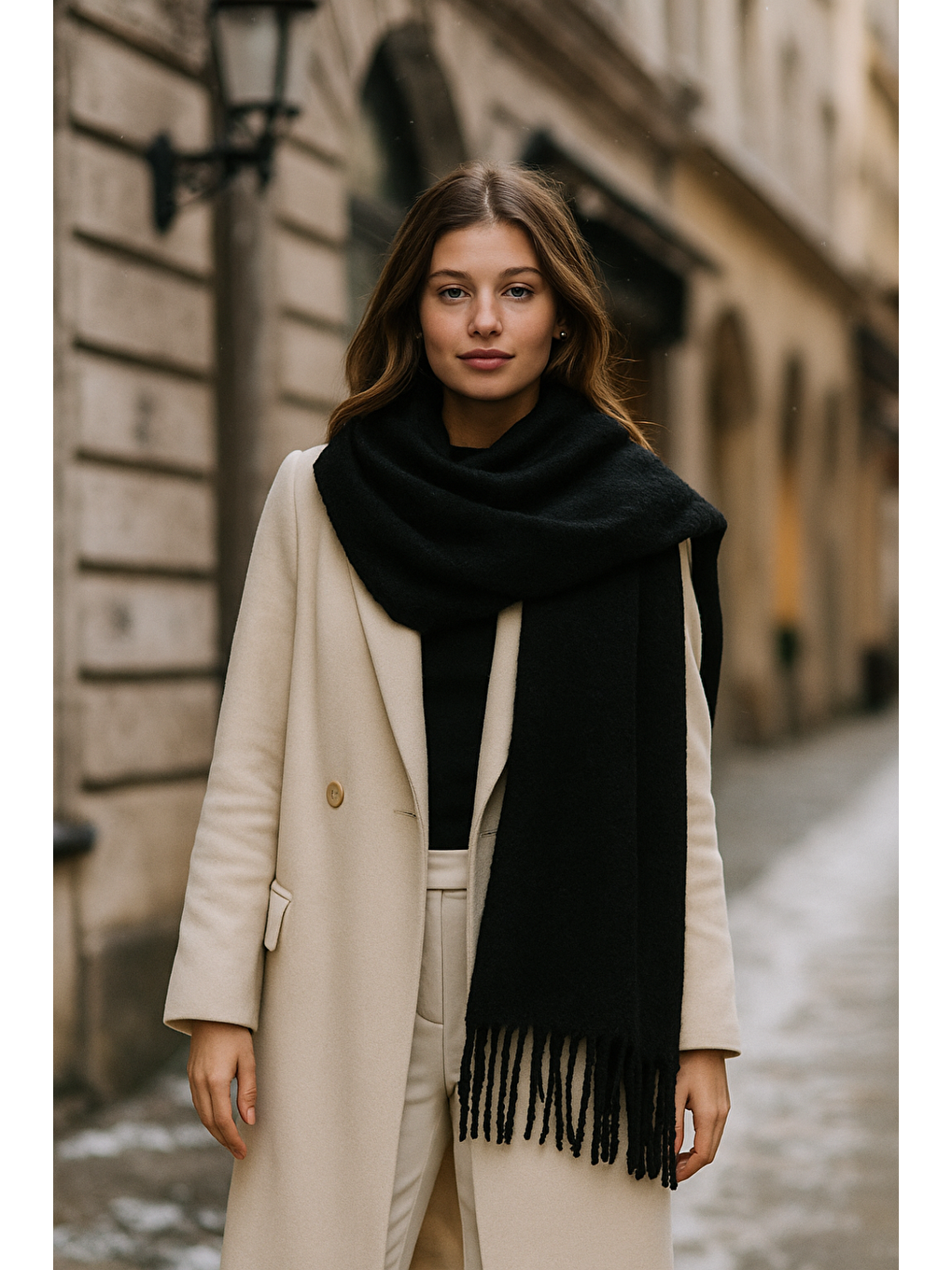 Siyah Kalın Püsküllü Şal – Yumuşak Ve Geniş Yapı, Soğuk Hava Için Ideal Sal1257-2