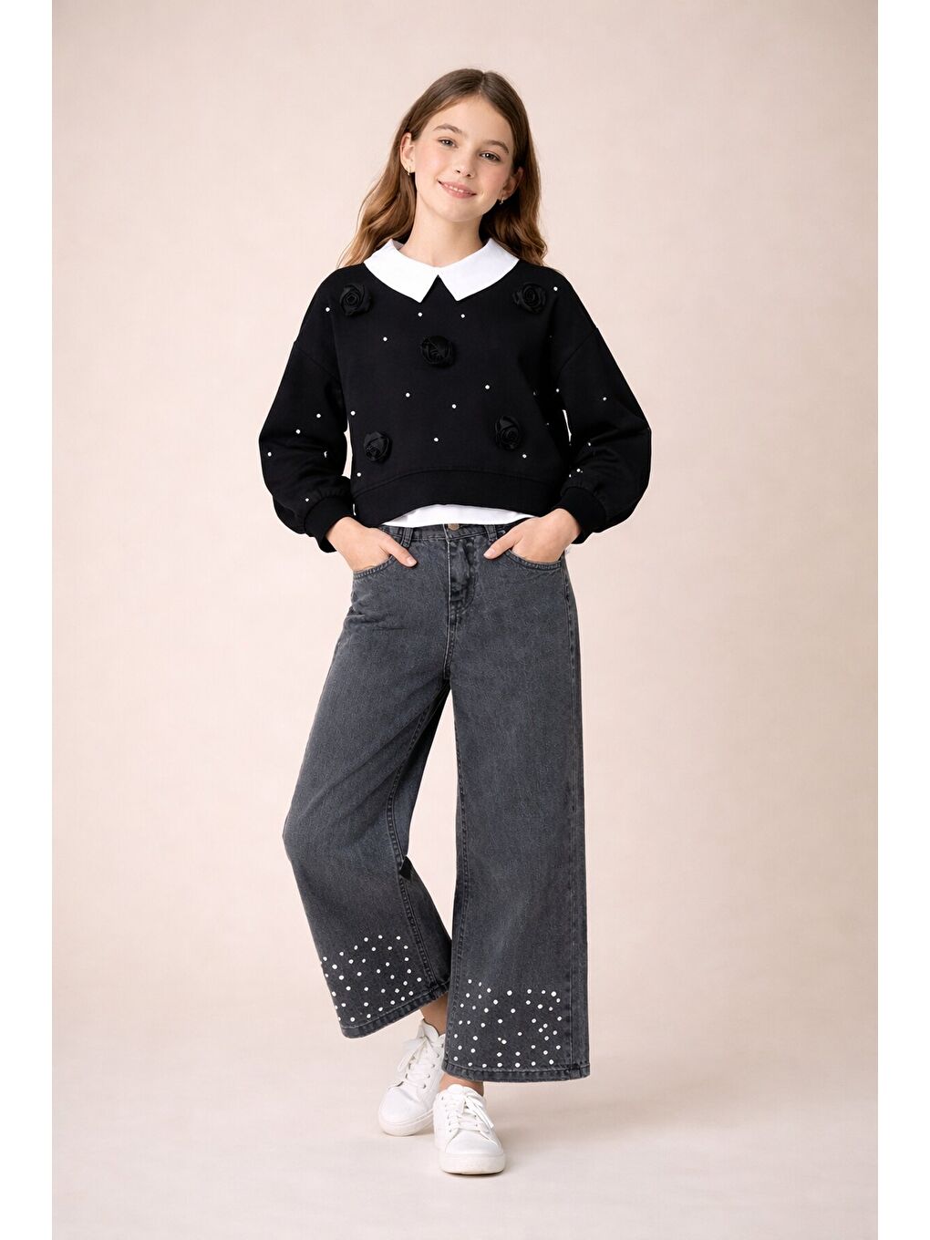 Siyah İnci İşlemeli Badili ve Jean Pantolonlu Kız Çocuk Gömlekli Takım 23599-1