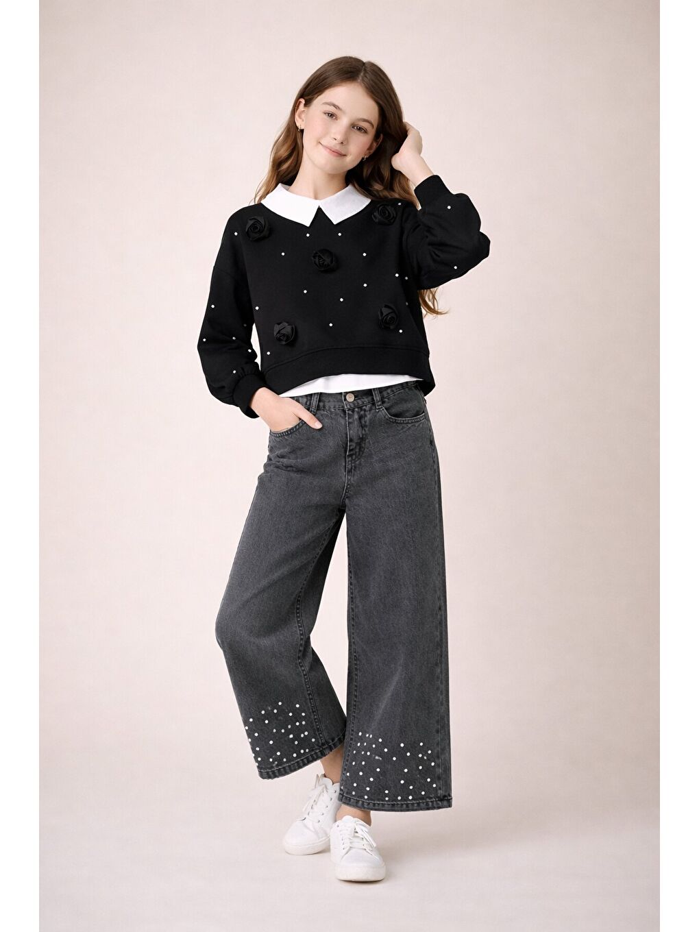 Siyah İnci İşlemeli Badili ve Jean Pantolonlu Kız Çocuk Gömlekli Takım 23599-2